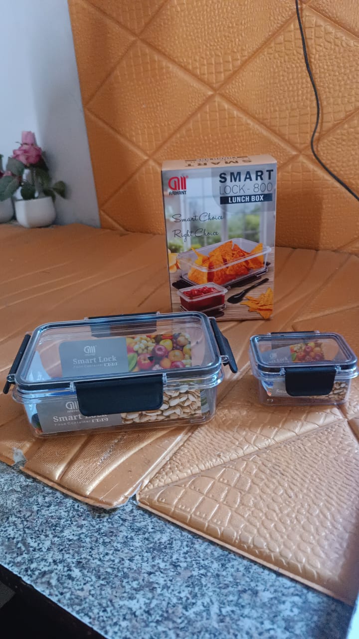 Plastic Kitchen Storage Container Big 800 ML & Small 250 ML Air Seal Lock Lid & Spoon