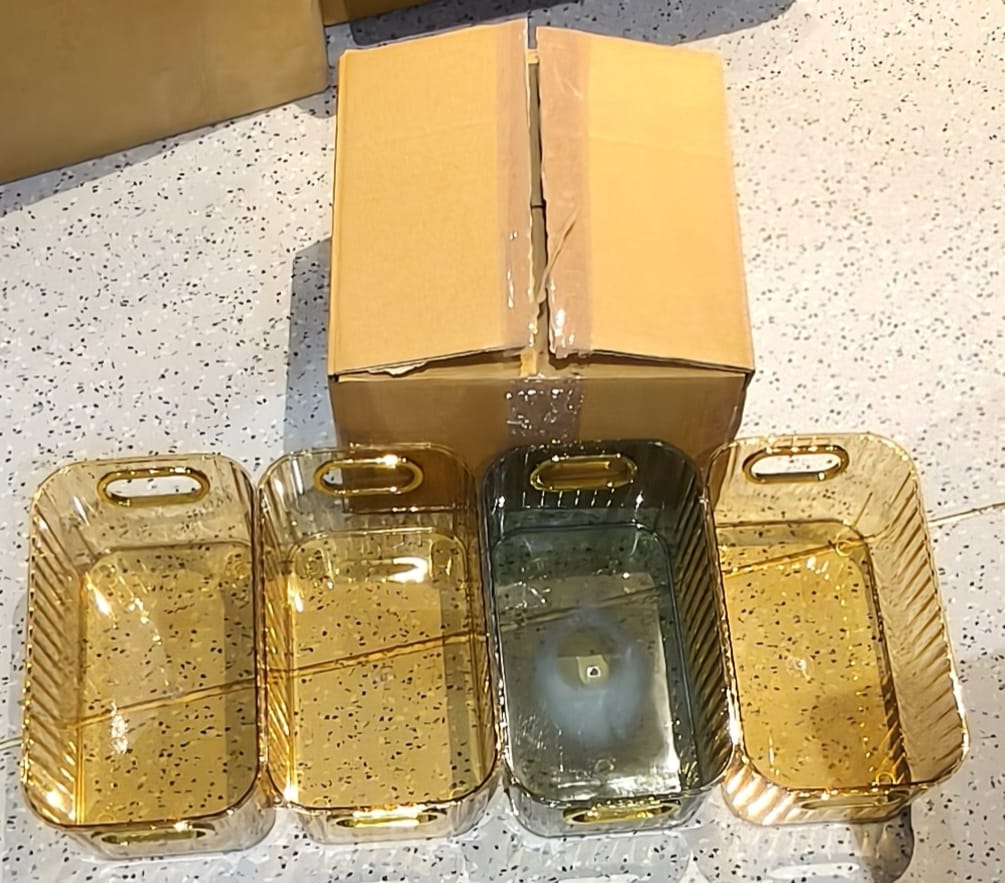 Premium Ribbed Transparent Storage Basket with Gold Handle 25×14 cm 4 Pc