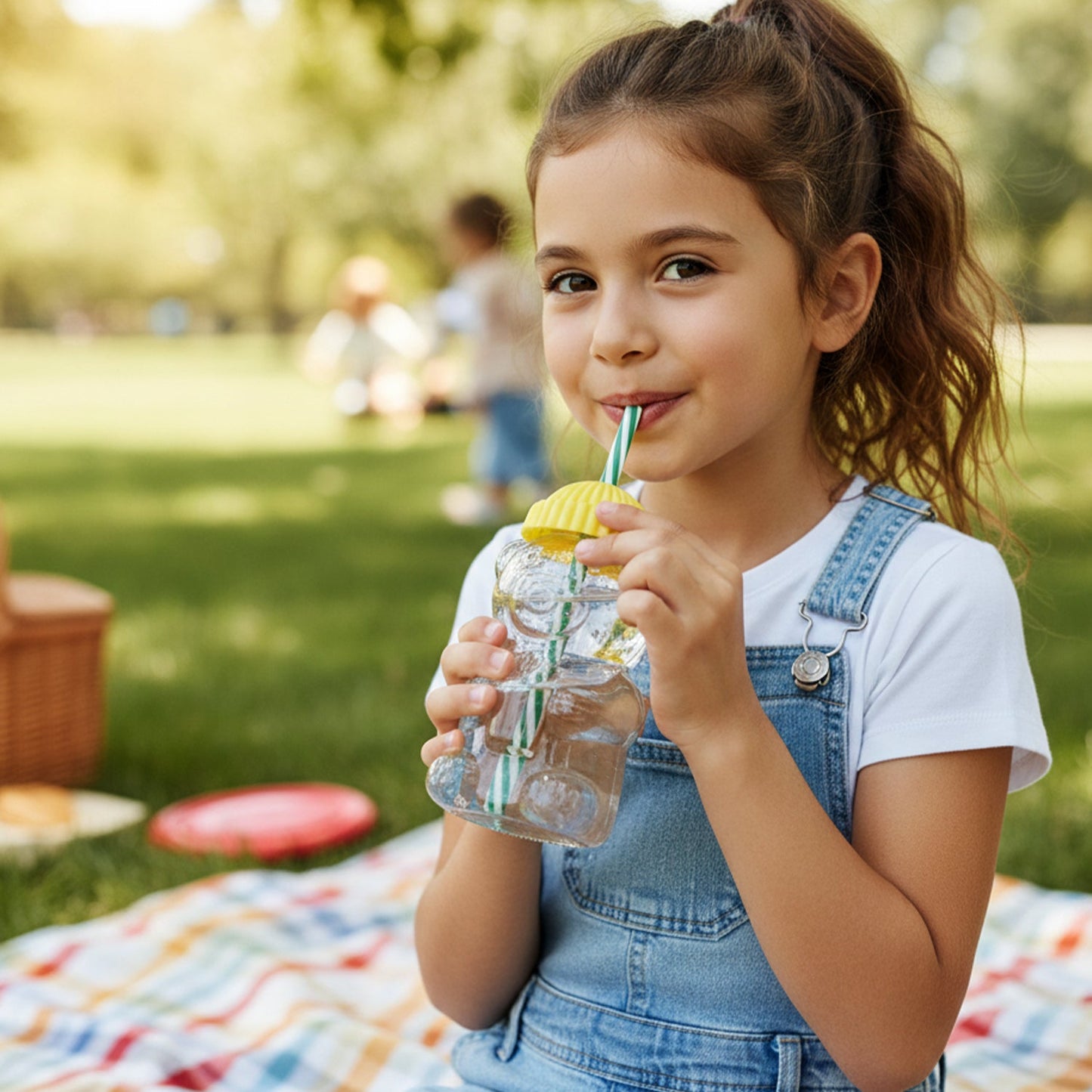 Cute Glass Bear Shape Kids Drinking Cup Bottle with Straw (1 Pc, 350 ML)
