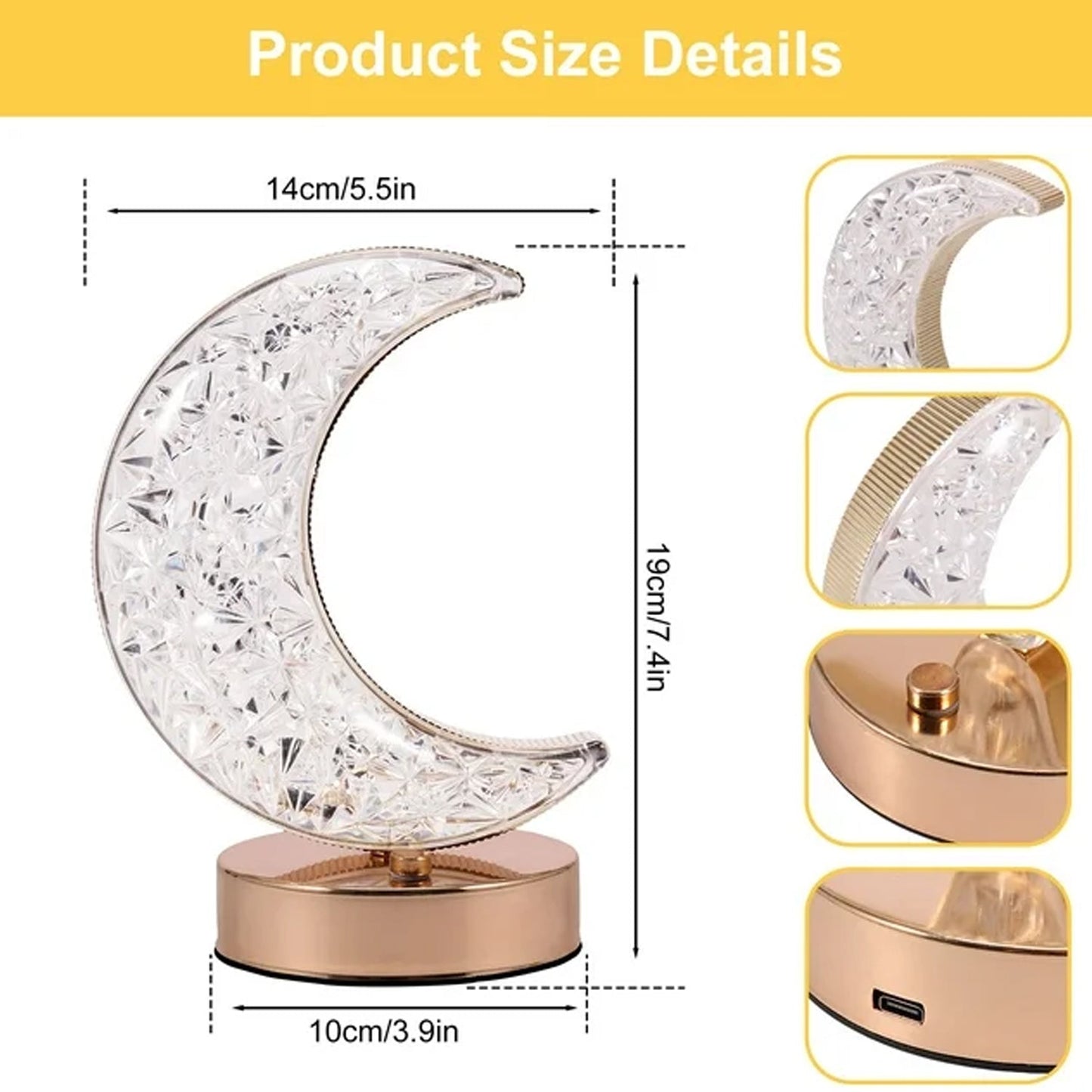 Moon Crystal Touch Table Lamp with 3 Color Dimmable USB Night Light