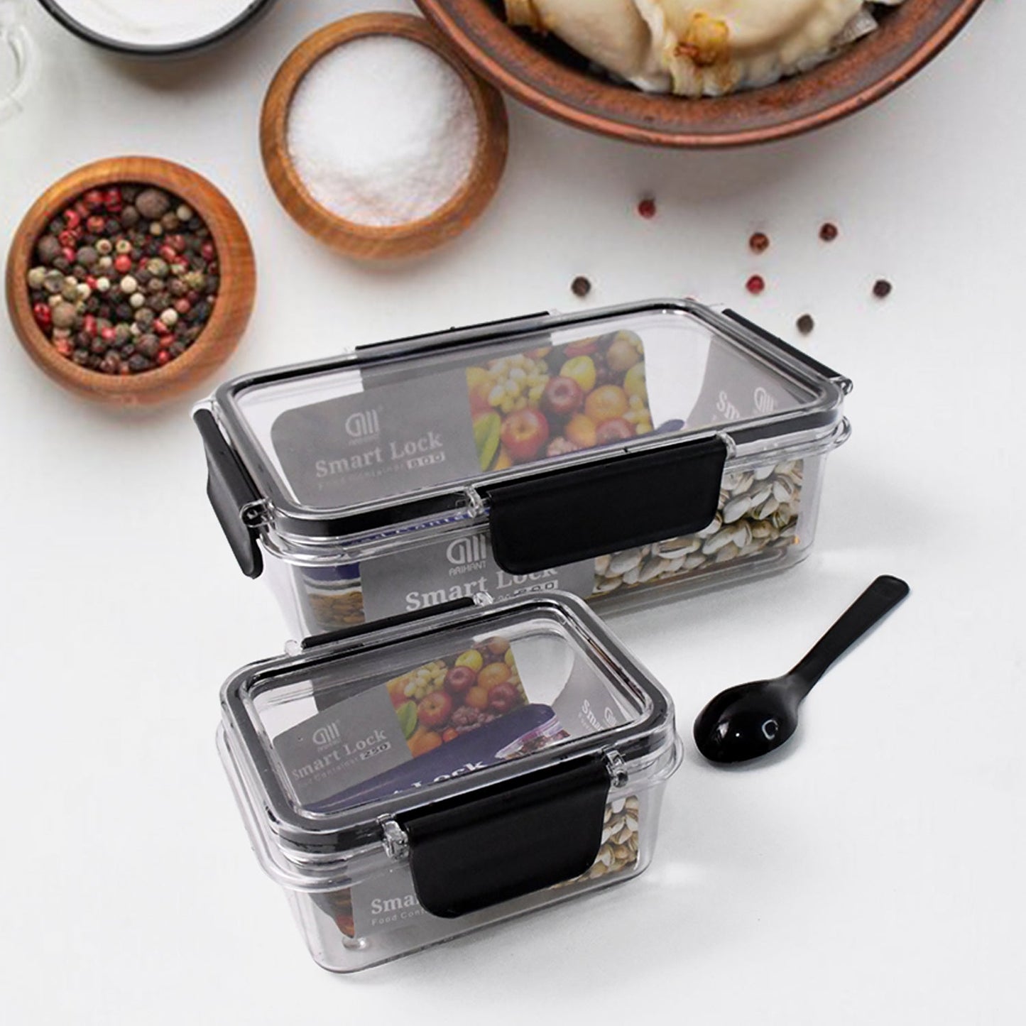Plastic Kitchen Storage Container Big 800 ML & Small 250 ML Air Seal Lock Lid & Spoon