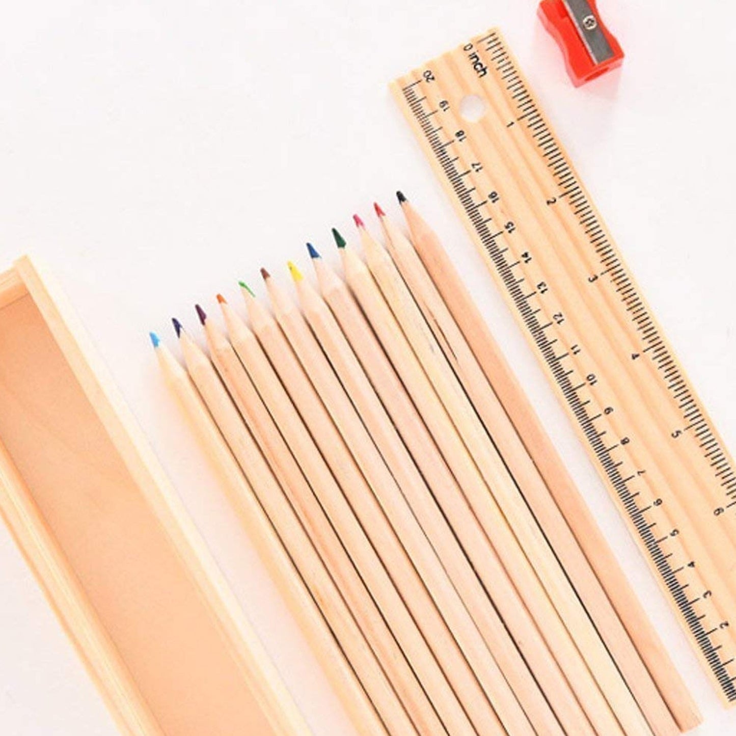 Colorful Wooden Pencil Set with Pencil box, Ruler, Sharpener (12 Pcs Set)