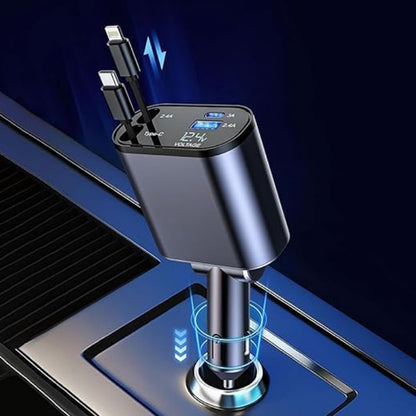 4-in-1 Super Fast Car Charger with Dual Built-In Cables, Dual USB Ports,