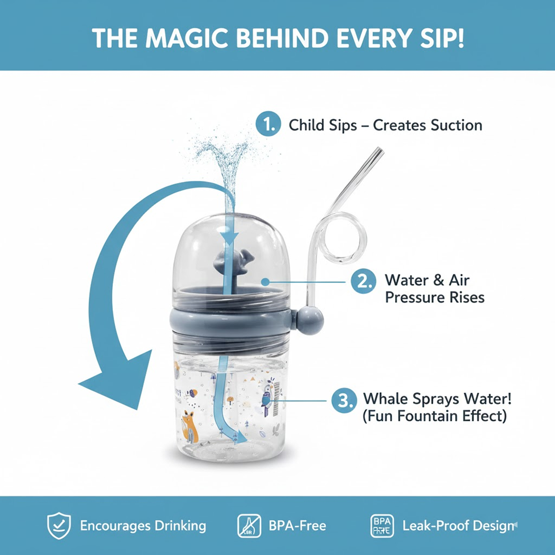 Whale Spray Sippy Cup (1 Pc): Straw, Lid, Spill-Proof, Fun Water Play
