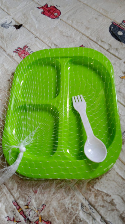 Biodegradable 3-Compartment Plastic Food Plate with Spoon for Snacks (1 Pc)