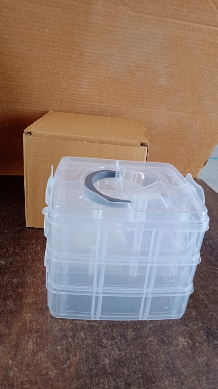 3-Tier Transparent Craft Storage Box with 18 Adjustable Compartments