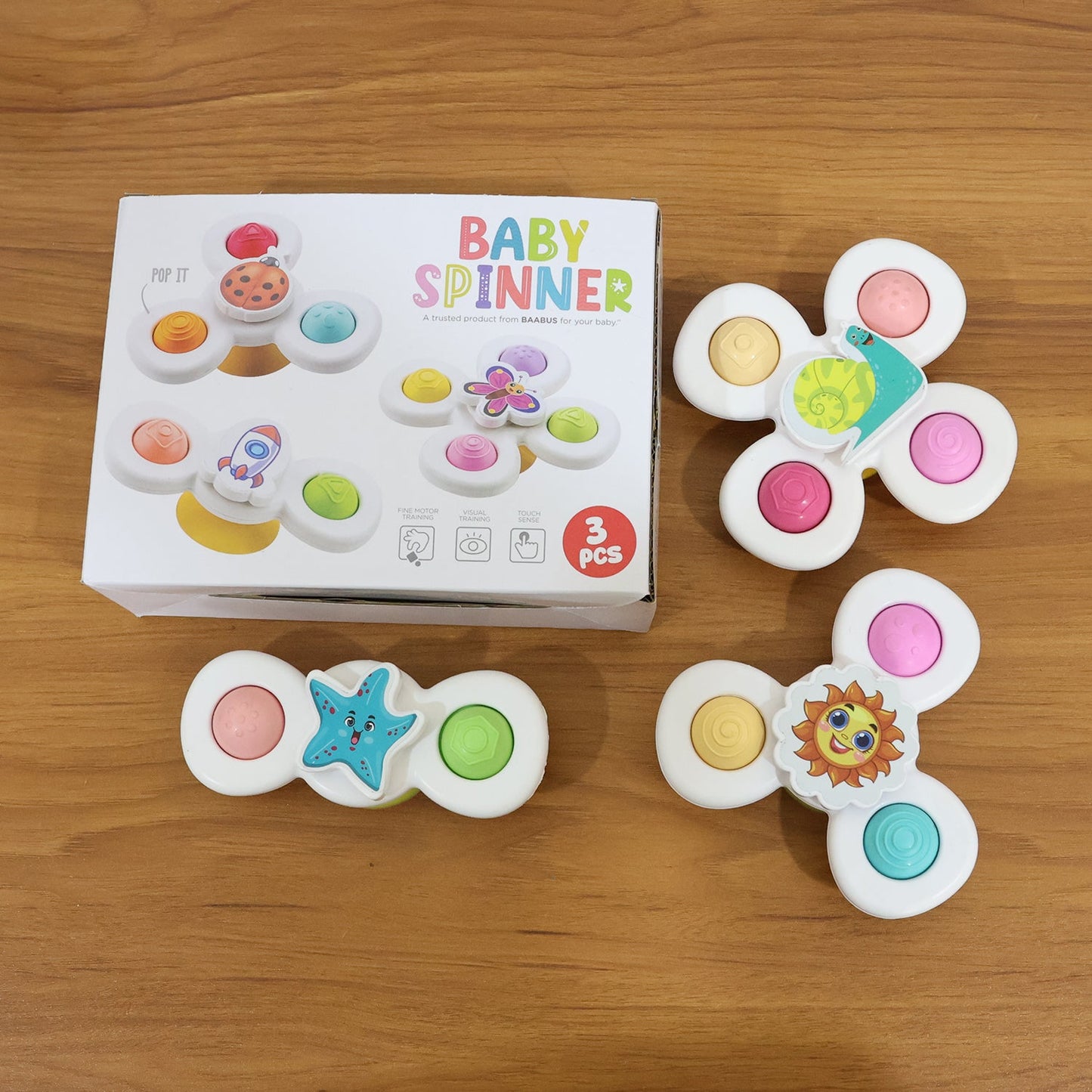 White Baby Spinner Toy Set – Sensory Suction Spin Toys (3 Pc Set)